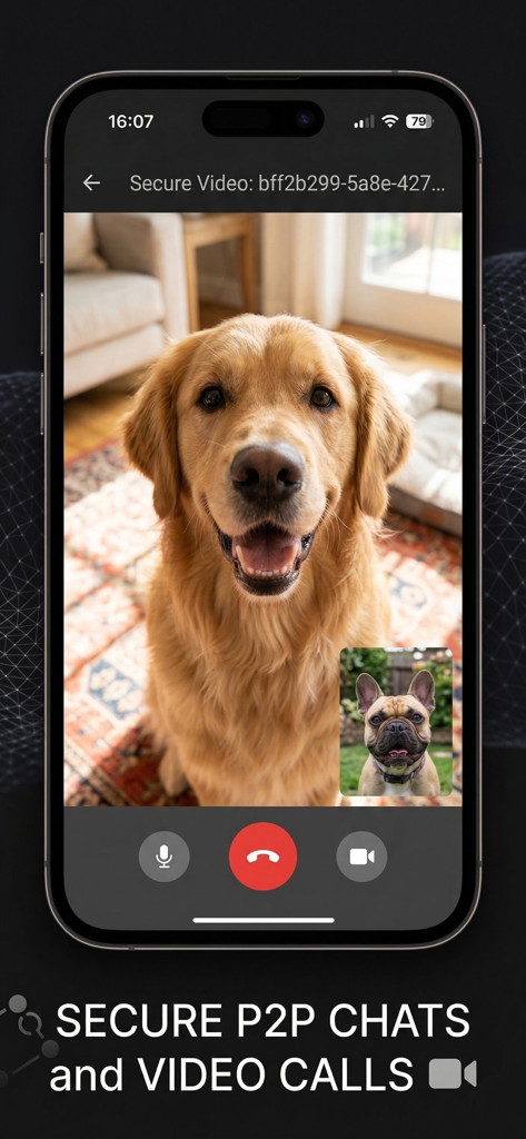 PressF: p2p video call & chat - Écran de smartphone montrant un appel vidéo P2P sécurisé entre deux chiens sur l'application PressF