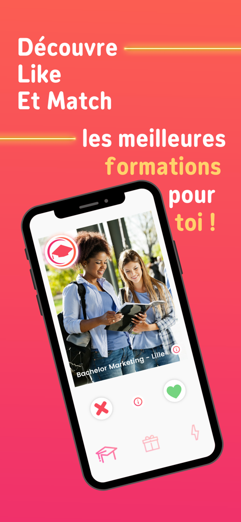 Orientation Parcoursup & Bac+3 - Interface de l'application mobile StudyMatch montrant une carte à swiper pour un Bachelor en Marketing afin de découvrir des programmes universitaires.
