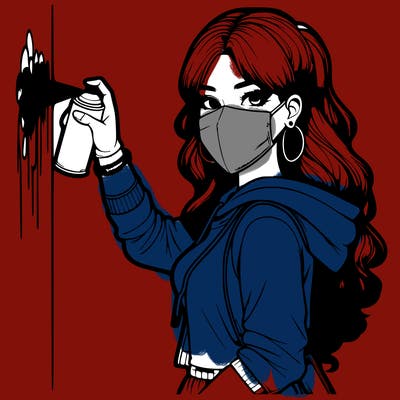 realistic girl with mask spray painting a wall