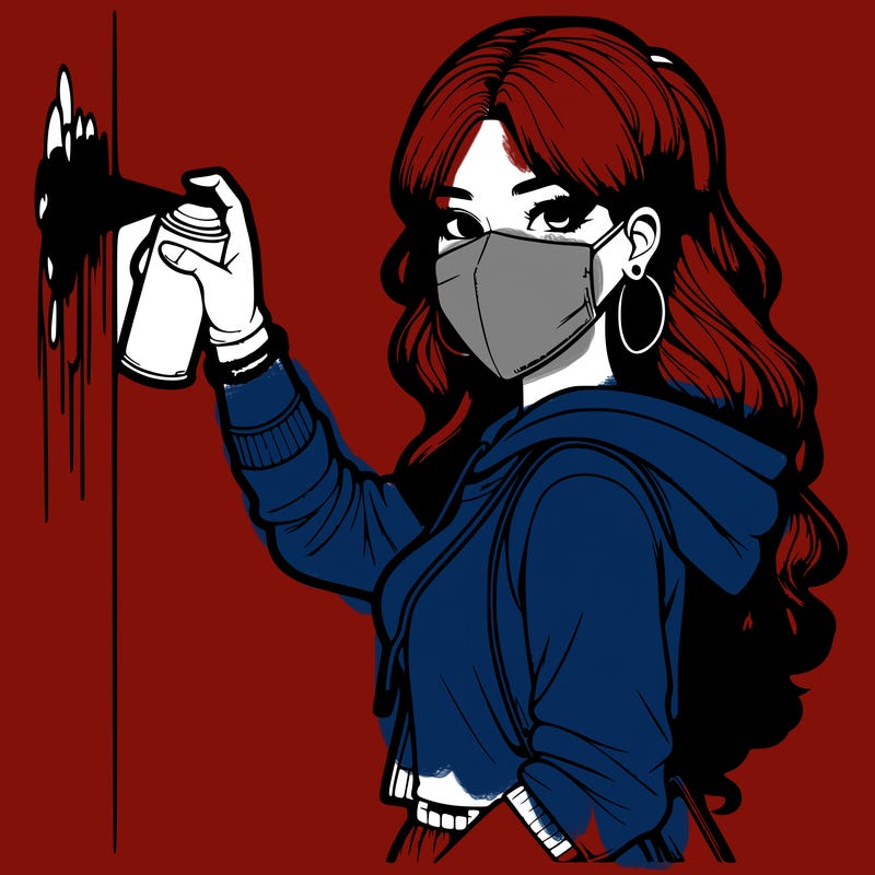 realistic girl with mask spray painting a wall