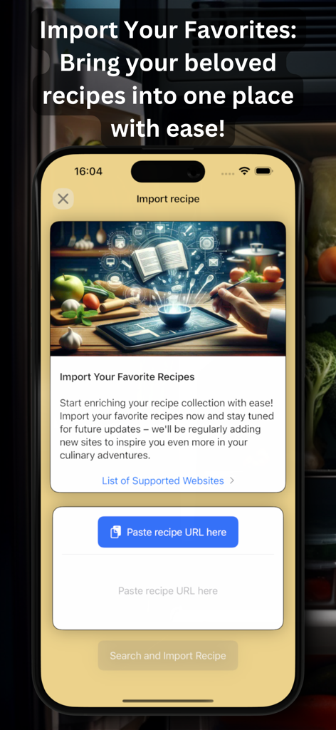 App interface showing how to import recipes by pasting a website URL into the recipe organizer