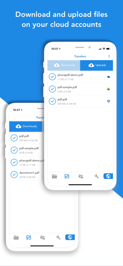 Interface of Total Files Pro app displaying cloud file downloads and uploads on an iPhone