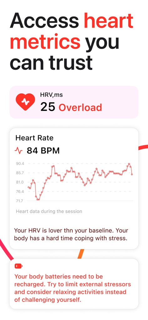 Stress Monitor for Watch - Stress Monitor app interface displaying heart rate variability and heart rate data with health insights