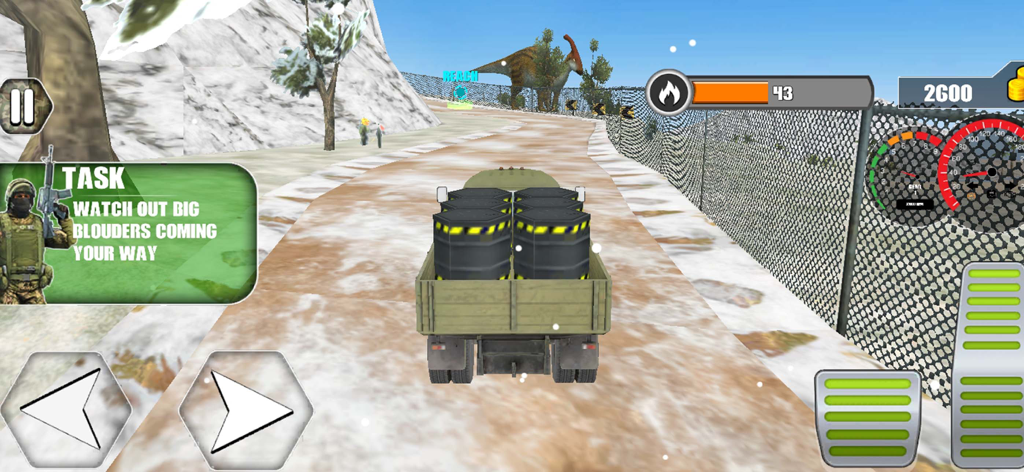 Army Truck Driver Cargo Game - Gameplay of Army Truck Driver Cargo Game showing a military truck carrying barrels on a snowy mountain road with on-screen controls.