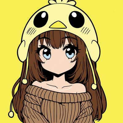 anime girl with chick shaped hat with sweater with bare shoulders with bangs covering them one eye with low tail