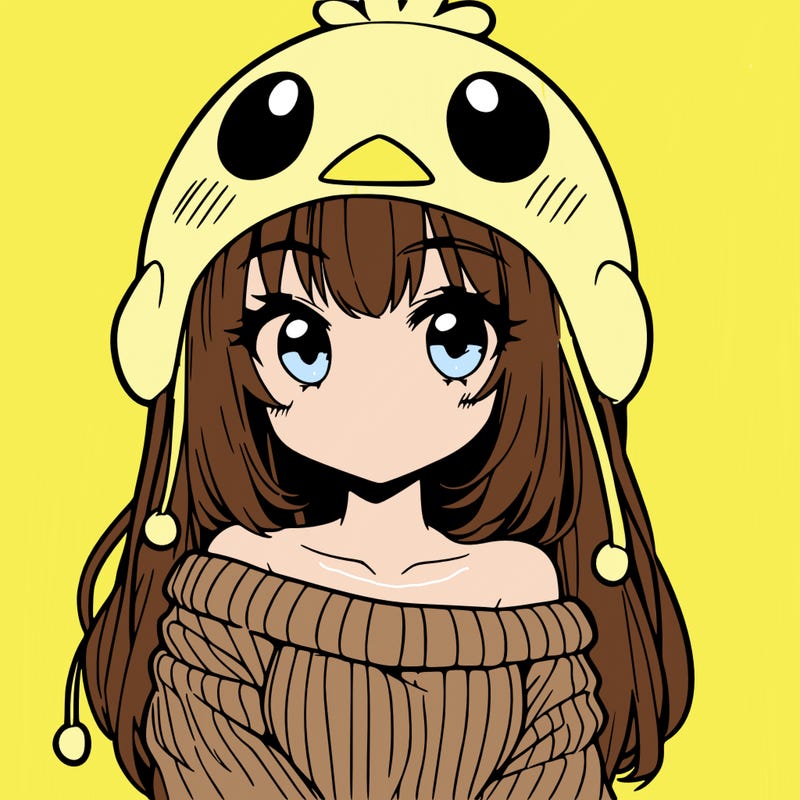 anime girl with chick shaped hat with sweater with bare shoulders with bangs covering them one eye with low tail