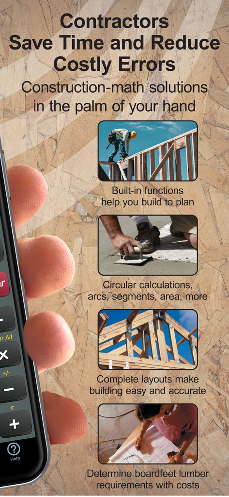 Construction Master 5 Calc - Construction Master 5 Calc app features for contractors and builders showing construction math solutions