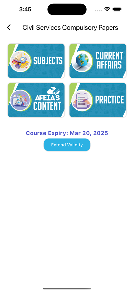 Afeias - Afeias app dashboard showing modules for Civil Services Compulsory Papers including Subjects, Current Affairs, Afeias Content, and Practice.