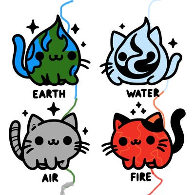 4 cats that represent the different elements, earth, water, air, and fire