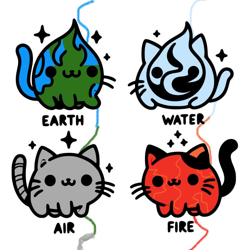 4 cats that represent the different elements, earth, water, air, and fire