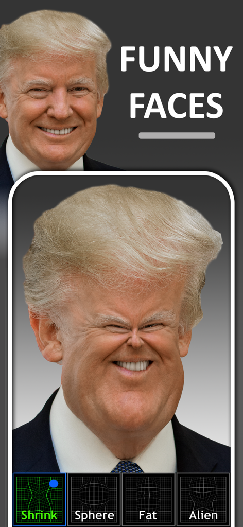 Funny Face Camera Booth - A celebrity face morphed with a shrink effect in the Funny Face Camera Booth app.