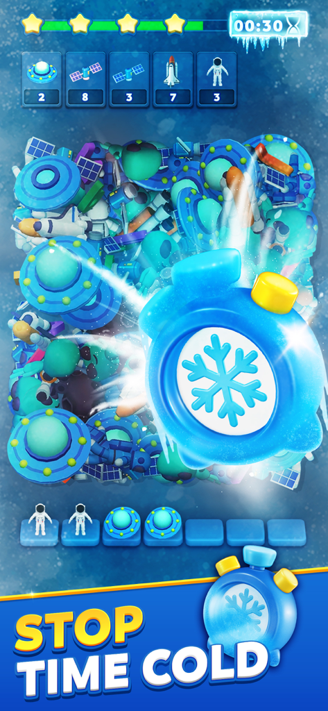 Match Hotel - 3D Puzzle Game - A snowflake clock power-up freezes time in a Match Hotel 3D puzzle level featuring space-themed objects