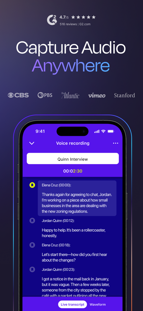 Rev: Record & Transcribe - Interface do aplicativo Rev mostrando uma transcrição ao vivo durante uma sessão de gravação de voz em um smartphone