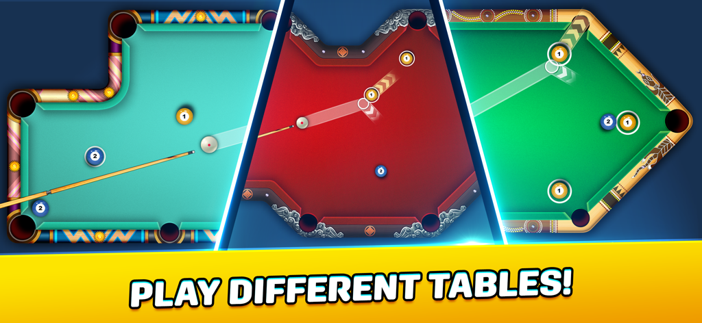 Pool Trickshots - A showcase of three different billiard table shapes and colors in the Pool Trickshots mobile game.