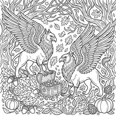 Unleash your creativity with this enchanting coloring page featuring two magnificent Golden Griffins amidst a vibrant autumn landscape. Discover hidden treasures, falling leaves, and whimsical forest elements waiting for your artistic touch.