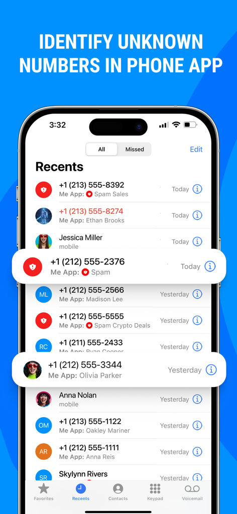 Smartphone-Bildschirm, der zeigt, wie die Me App unbekannte Anrufer und Spam im letzten Anrufprotokoll identifiziert