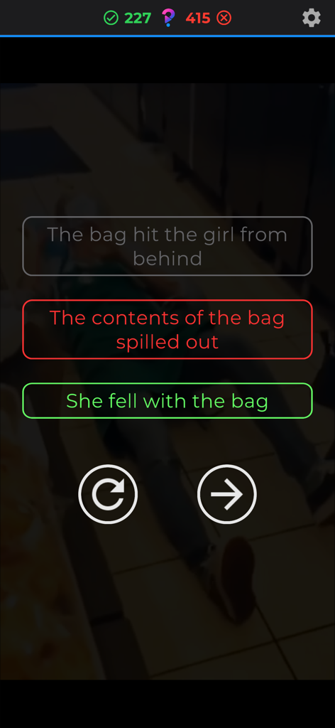 what happened next? - A mobile game screen showing multiple choice answers for a video outcome with correct and incorrect indicators