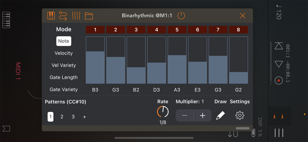 Interface do aplicativo Binarhythmic Rhythm Generator mostrando colunas e configurações do sequenciador MIDI binário.