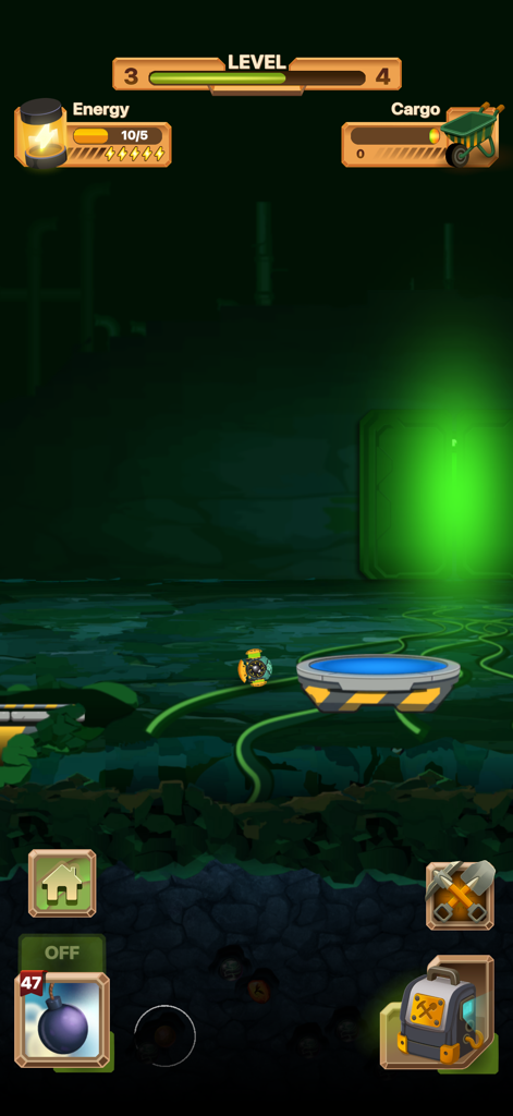 The Detonator : Travel Down - Gameplay screen of The Detonator Travel Down showing energy levels cargo stats and bomb inventory