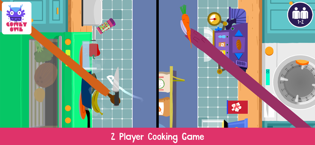 Vista split-screen del gioco di cucina Sizzle and Stew per due giocatori per bambini.