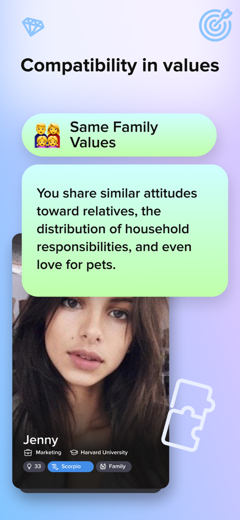 Merlin Dating app screen showing a compatibility in values analysis for family life