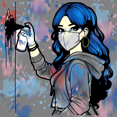 realistic girl with mask spray painting a wall