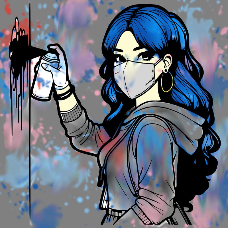 realistic girl with mask spray painting a wall