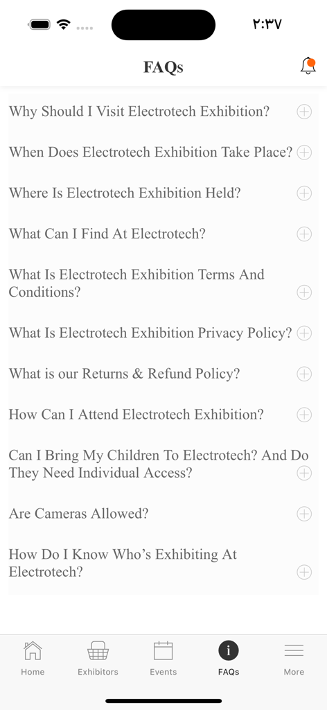 Electrotech - FAQ section of the Electrotech app providing event details and exhibition policies