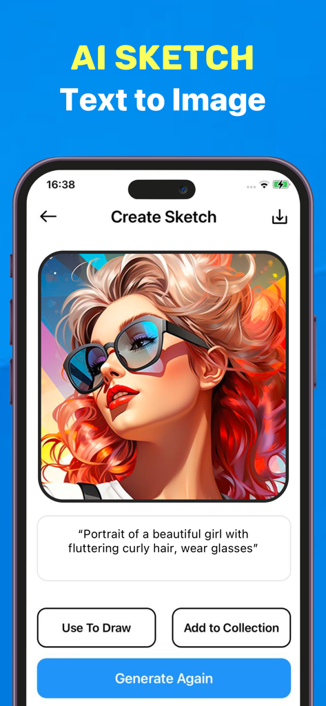 AR Drawing Tracing Projector - Interface of the AI Sketch feature showing a text to image generation of a girl with glasses and curly hair