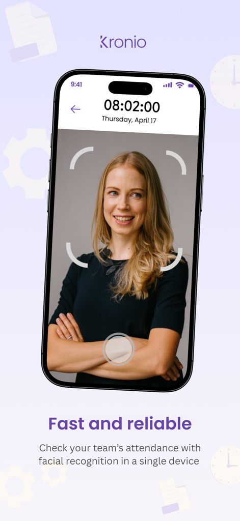 Kronio - Kronio app displaying facial recognition for secure employee attendance check-in on an iPhone