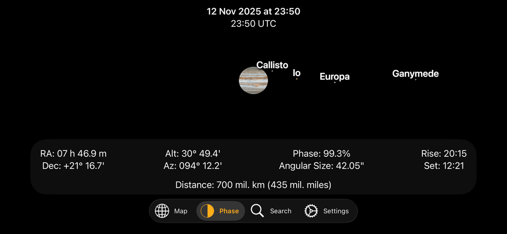 Jupiter Atlas - La aplicación Atlas de Júpiter mostrando el planeta Júpiter y las lunas galileanas con datos astronómicos