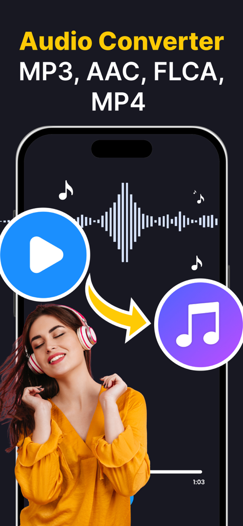 Audio Converter MP3 Converter - Audio Converter app interface displaying support for MP3 AAC and FLAC formats with a woman wearing headphones