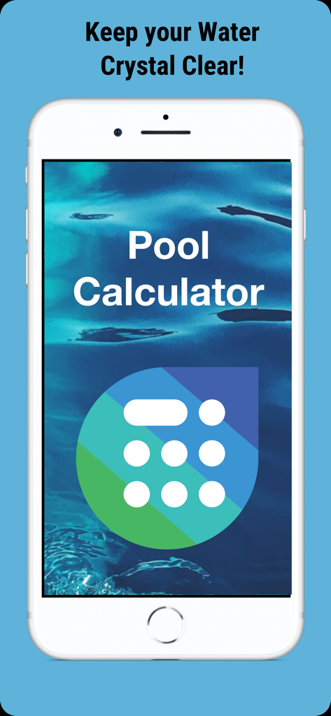 Pool Calculator app interface showing crystal clear water maintenance tips