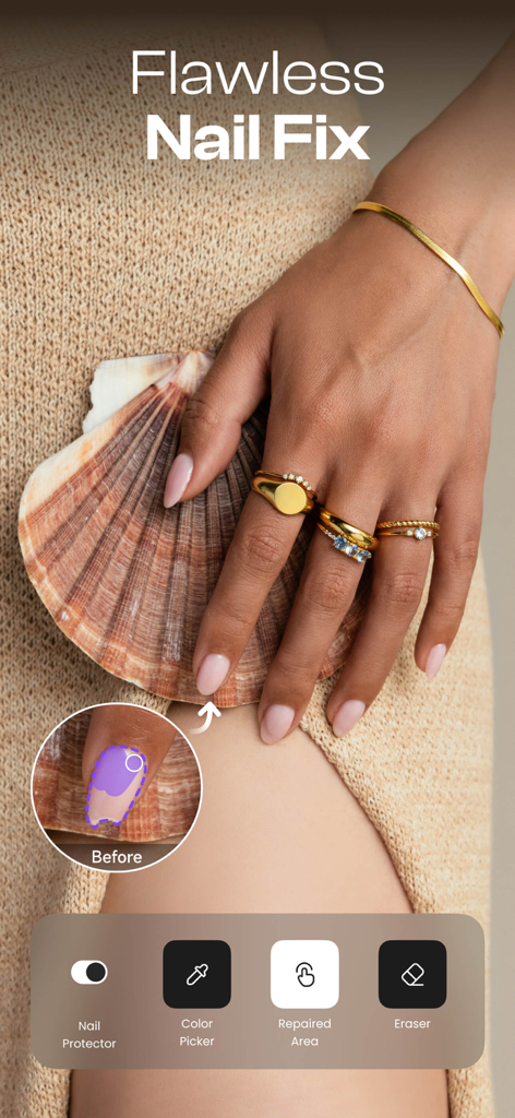 Starii-AI Beauty Editor - Starii AI Beauty Editor showing the Flawless Nail Fix feature to repair a chipped manicure on a photo.