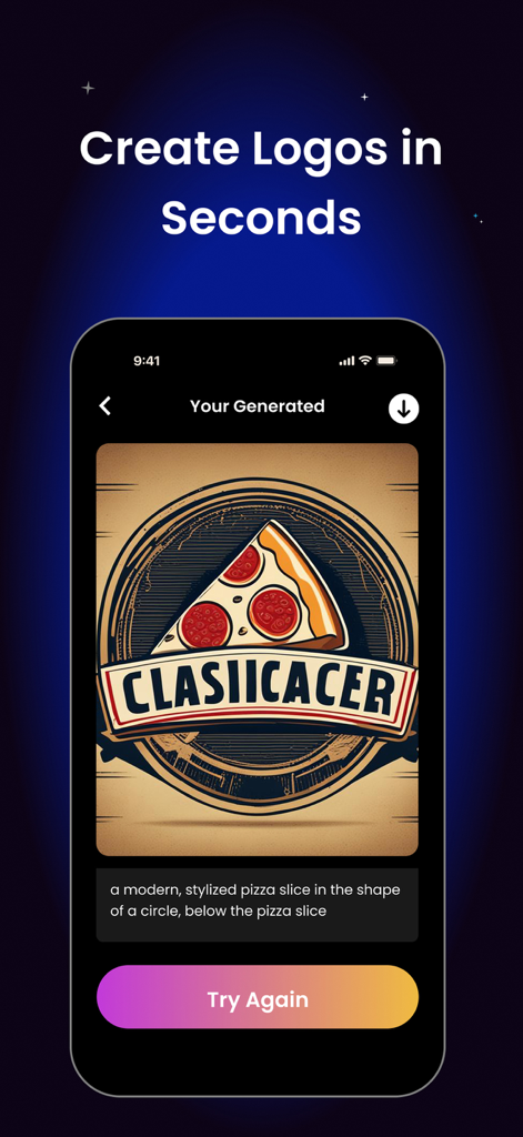 AI 로고 생성기 앱 인터페이스가 맞춤형 피자 레스토랑 로고 디자인을 보여줍니다.