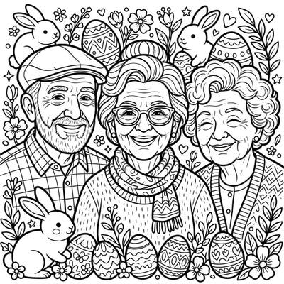 Discover a heartwarming Easter coloring page showcasing the joy and wisdom of elderly individuals amidst cheerful spring blossoms and festive eggs. This unique design beautifully blends generational wisdom with the festive spirit of Easter, offering a delightful coloring experience.