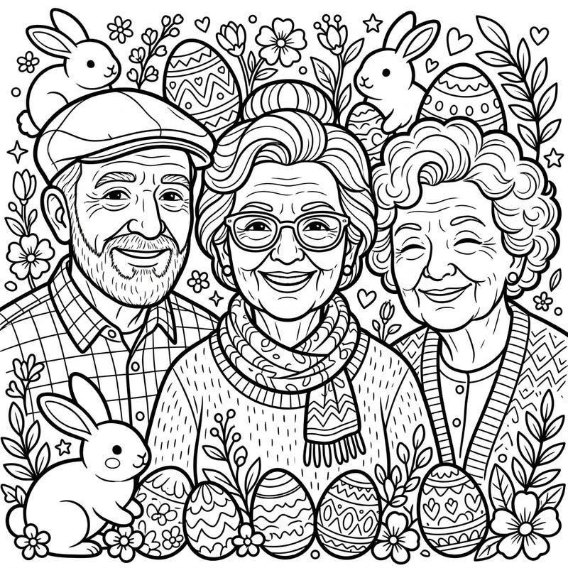 Discover a heartwarming Easter coloring page showcasing the joy and wisdom of elderly individuals amidst cheerful spring blossoms and festive eggs. This unique design beautifully blends generational wisdom with the festive spirit of Easter, offering a delightful coloring experience.