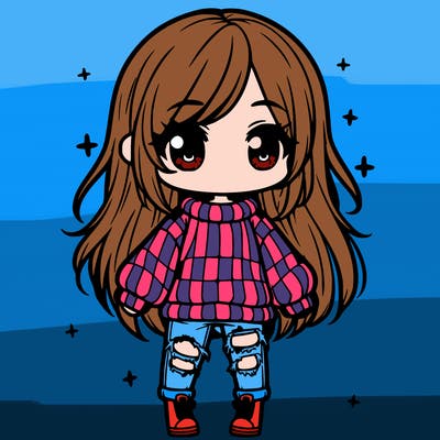 chibi girl with ripped jeans,long hair, and an oversized sweater