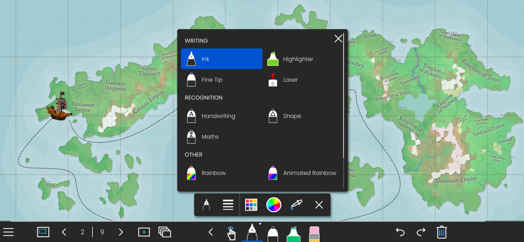 LYNX Whiteboard application showing writing and recognition tool options over an interactive map background