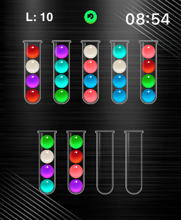 Watch Game Collection - Eine Ball-Sortier-Spiel-Oberfläche auf einem Smartwatch-Bildschirm mit farbigen Bällen in Glasröhren