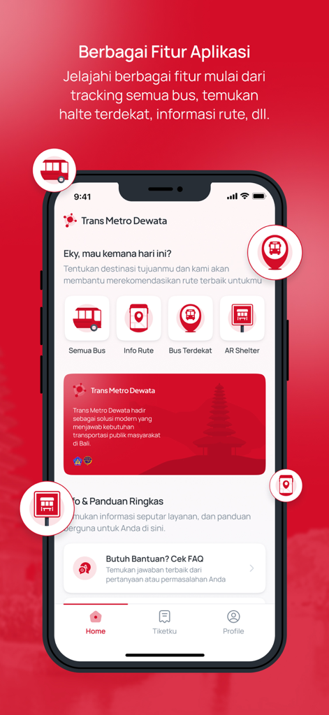 Tela inicial do aplicativo Trans Metro Dewata mostrando rastreamento de ônibus e informações de rota
