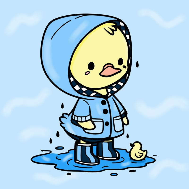 baby duck in a rain coat and boots, in a puddle while it’s raining