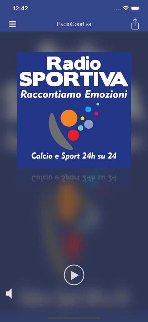 Schermata principale dell'app RadioSportiva Live che mostra il player audio live per la copertura sportiva e calcistica italiana