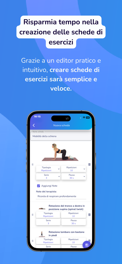 Interface móvel do aplicativo Corpore mostrando um editor de exercícios de fisioterapia intuitivo para profissionais.