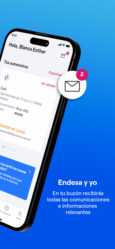 Endesa Clientes, luz y gas - A smartphone showing the Endesa Clientes app dashboard with a notification badge on the message inbox