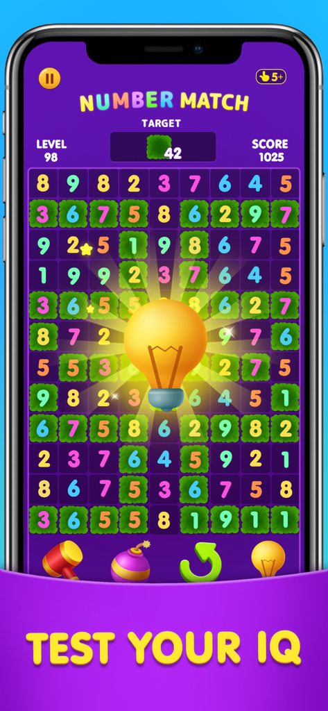 Number Match: Ten Crush Puzzle - A screenshot of the Number Match puzzle game featuring a grid of colorful numbers and a glowing lightbulb hint icon.