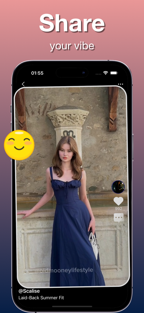 A mobile screenshot of Prelo app showing a woman in a blue summer dress with the text Share your vibe