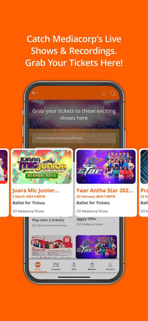 merewards app interface showing how to grab tickets for Mediacorp live shows and recordings