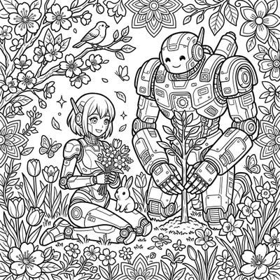 Welcome spring with this unique coloring page featuring friendly digital robots enjoying the beauty of nature. This intricate design perfectly blends advanced technology with the fresh, vibrant spirit of the season.