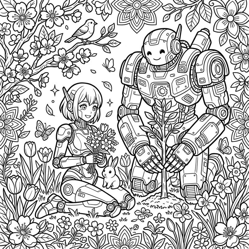 Welcome spring with this unique coloring page featuring friendly digital robots enjoying the beauty of nature. This intricate design perfectly blends advanced technology with the fresh, vibrant spirit of the season.